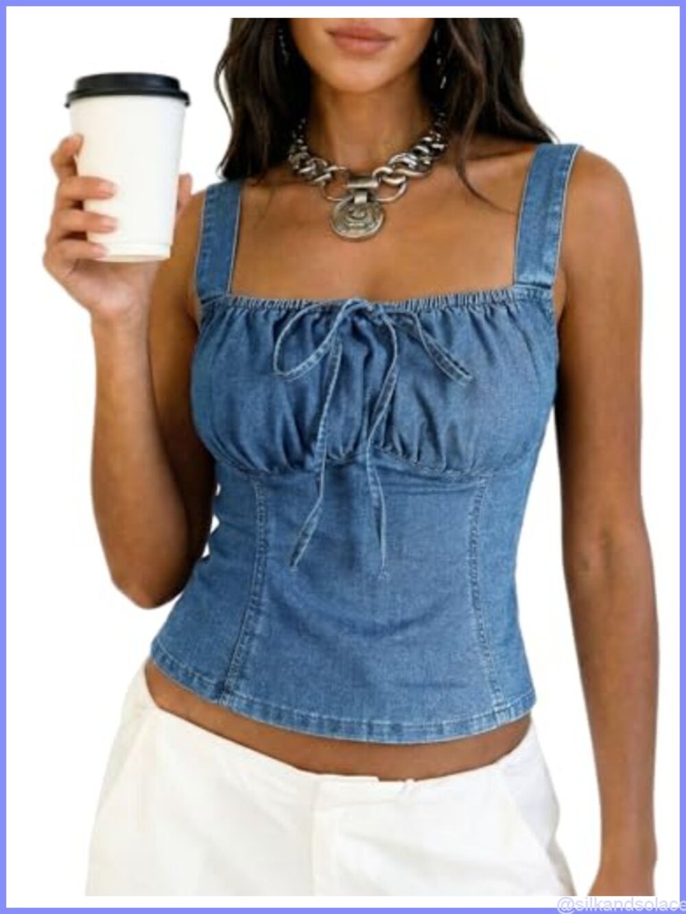 Denim Corset Crop Top Women Jean Vest Smocked Back Square Neck Country Concert